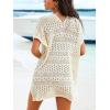 imageCUPSHE Women Crochet Beach Cover Ups Summer V Neck Casual Mini Coverup Dress Short Sleeve Split Hem Bathing Suit Cover UpOffwhite