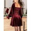 imageCUPSHE Womens Long Sleeve Velvet Mini Dress Smocked Christmas Cocktail Party Dress Square Neck Short DressesBurgundy