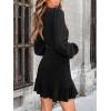 imageCUPSHE Womens Ruched Fall Dresses V Neck Long Sleeve Belted Ruffled Casual Bodycon Flowy Party Elegant Mini Cocktail DressBlack