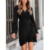 imageCUPSHE Womens Ruched Fall Dresses V Neck Long Sleeve Belted Ruffled Casual Bodycon Flowy Party Elegant Mini Cocktail DressBlack