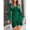imageCUPSHE Womens Ruched Fall Dresses V Neck Long Sleeve Belted Ruffled Casual Bodycon Flowy Party Elegant Mini Cocktail DressGreen