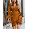 imageCUPSHE Womens Ruched Fall Dresses V Neck Long Sleeve Belted Ruffled Casual Bodycon Flowy Party Elegant Mini Cocktail DressOrange