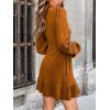 imageCUPSHE Womens Ruched Fall Dresses V Neck Long Sleeve Belted Ruffled Casual Bodycon Flowy Party Elegant Mini Cocktail DressOrange