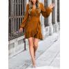 imageCUPSHE Womens Ruched Fall Dresses V Neck Long Sleeve Belted Ruffled Casual Bodycon Flowy Party Elegant Mini Cocktail DressOrange