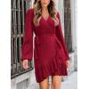 imageCUPSHE Womens Ruched Fall Dresses V Neck Long Sleeve Belted Ruffled Casual Bodycon Flowy Party Elegant Mini Cocktail DressRed