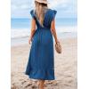 imageCUPSHE Womens Summer Casual Maxi Dress V Neck Short Flutter Sleeve Ruffled Flowy Long DressesBlue