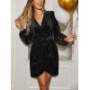 imageCUPSHE Womens Winter Velvet Long Sleeve Wrap Dress Semi Formal Belted Tie V Neck Cocktail Mini DressBlack