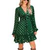 imageCUPSHE Womens Fall Christmas Holiday Mini Dress Long Sleeve Polka Dots Short Dress Smocked Bow Tie Flowy DressesGreen