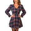 imageCUPSHE Womens Fall Dresses Plaid V Neck Bowknot Long Sleeve Smocked A Line Babydoll Mini DressNavy