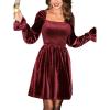 imageCUPSHE Womens Long Sleeve Velvet Mini Dress Smocked Christmas Cocktail Party Dress Square Neck Short DressesBurgundy