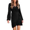 imageCUPSHE Womens Ruched Fall Dresses V Neck Long Sleeve Belted Ruffled Casual Bodycon Flowy Party Elegant Mini Cocktail DressBlack