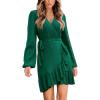 imageCUPSHE Womens Ruched Fall Dresses V Neck Long Sleeve Belted Ruffled Casual Bodycon Flowy Party Elegant Mini Cocktail DressGreen