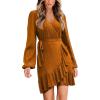 imageCUPSHE Womens Ruched Fall Dresses V Neck Long Sleeve Belted Ruffled Casual Bodycon Flowy Party Elegant Mini Cocktail DressOrange