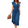 imageCUPSHE Womens Summer Casual Maxi Dress V Neck Short Flutter Sleeve Ruffled Flowy Long DressesBlue