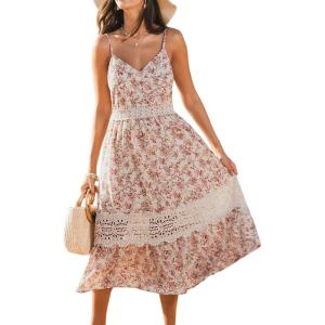 imageCUPSHE Summer Dresses for Women 2025 Long V Neck Floral Lace Casual Sleeveless A Line Sundress Beach Midi DressBeige Floral