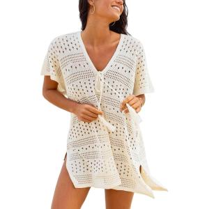 imageCUPSHE Women Crochet Beach Cover Ups Summer V Neck Casual Mini Coverup Dress Short Sleeve Split Hem Bathing Suit Cover UpOffwhite