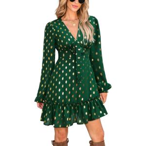 imageCUPSHE Womens Fall Christmas Holiday Mini Dress Long Sleeve Polka Dots Short Dress Smocked Bow Tie Flowy DressesGreen