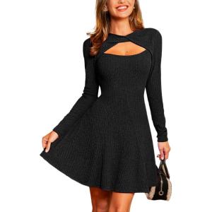 imageCUPSHE Womens Fall Dresses Long Sleeve High Neck Cutout Knit Christmas Outfit Knit Party DressBlack