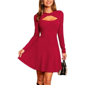 imageCUPSHE Womens Fall Dresses Long Sleeve High Neck Cutout Knit Christmas Outfit Knit Party DressRed