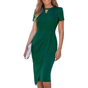 imageCUPSHE Womens Knit Midi Summer Dress Round Neck Keyhole Short Sleeve Smocked Wrap Waist Casual Spring Beach DressesOlive