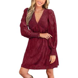 imageCUPSHE Womens Mini Fall Dress V Neck Long Sleeves Lace Smocked Casual Short A Line Wedding Guest DressBurgundy