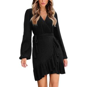 imageCUPSHE Womens Ruched Fall Dresses V Neck Long Sleeve Belted Ruffled Casual Bodycon Flowy Party Elegant Mini Cocktail DressBlack