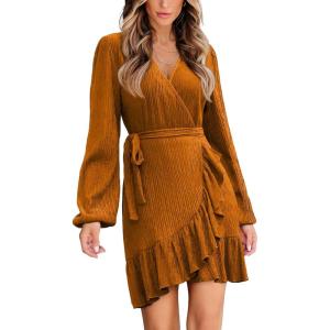 imageCUPSHE Womens Ruched Fall Dresses V Neck Long Sleeve Belted Ruffled Casual Bodycon Flowy Party Elegant Mini Cocktail DressOrange