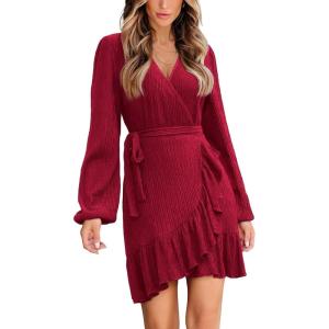 imageCUPSHE Womens Ruched Fall Dresses V Neck Long Sleeve Belted Ruffled Casual Bodycon Flowy Party Elegant Mini Cocktail DressRed