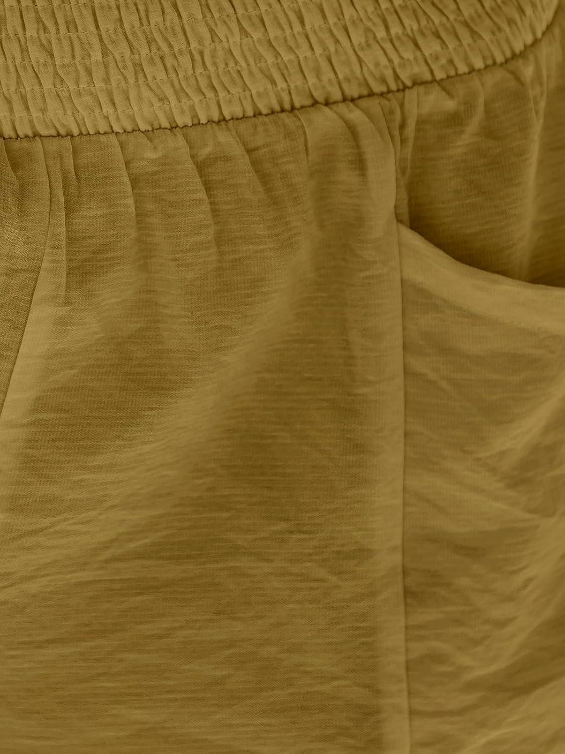 imageCUPSHE Women Coverup Shorts Smocked Waist High Rise Swimsuit Coverup Shorts with Side PocketsKhaki