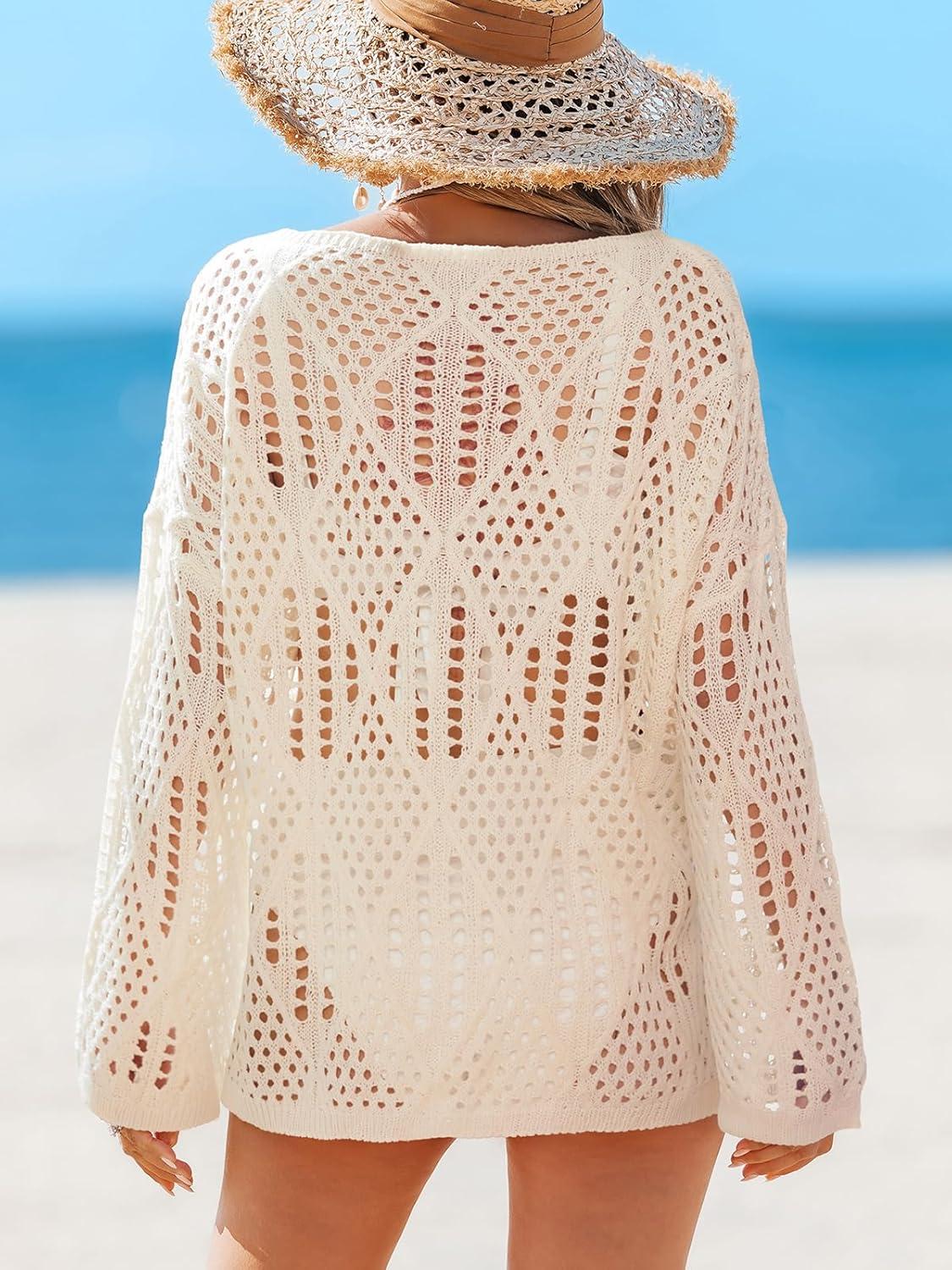 imageCUPSHE Women Crochet Cover Up Striped Swimwear Cutout Beach Coverup TopBeige