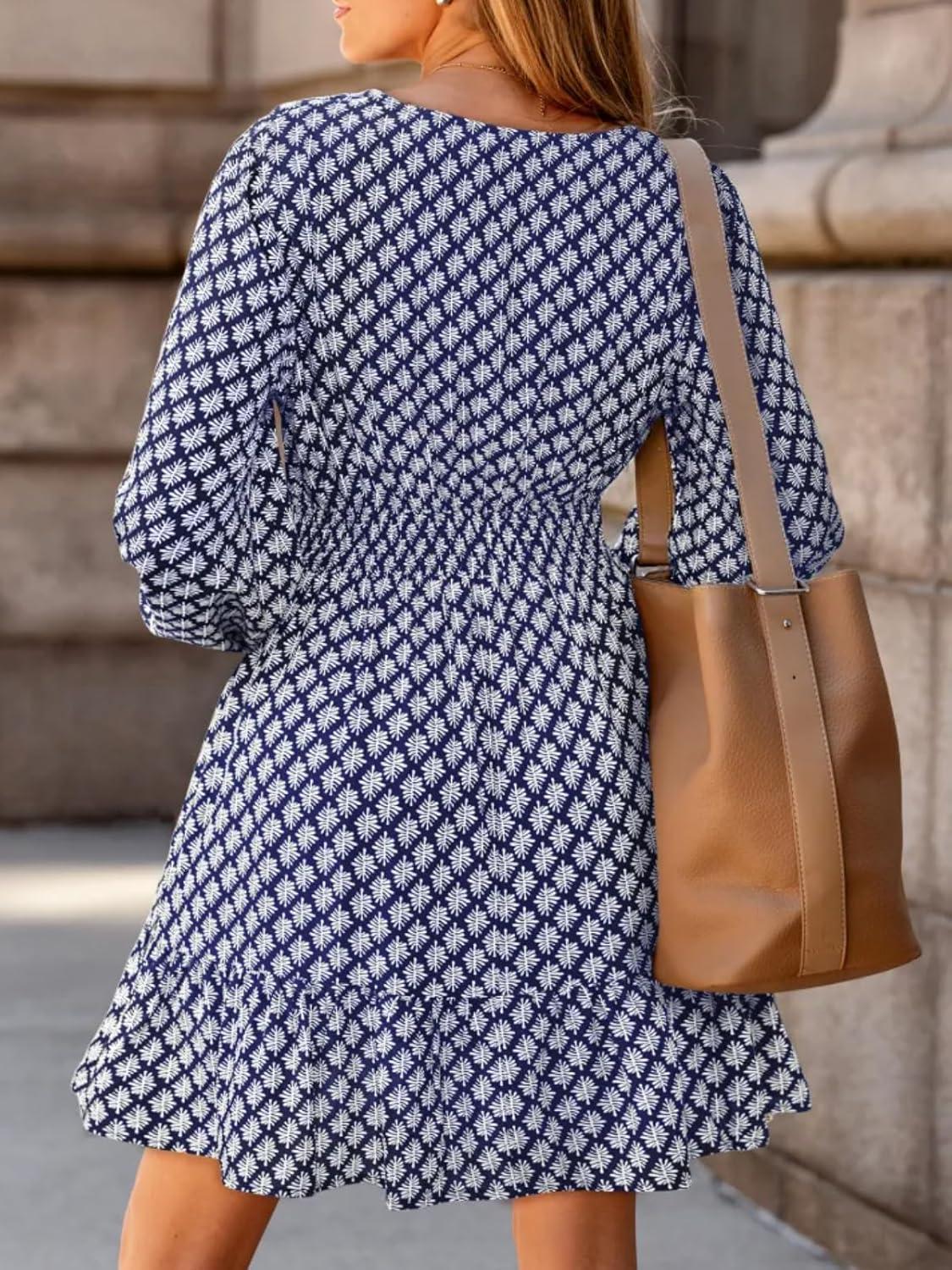 imageCUPSHE Women Geo V Neck Fall Dress Sleeveless Smocked Waist A Line Long Sleeve Button Casual Sundress Mini DressNavy