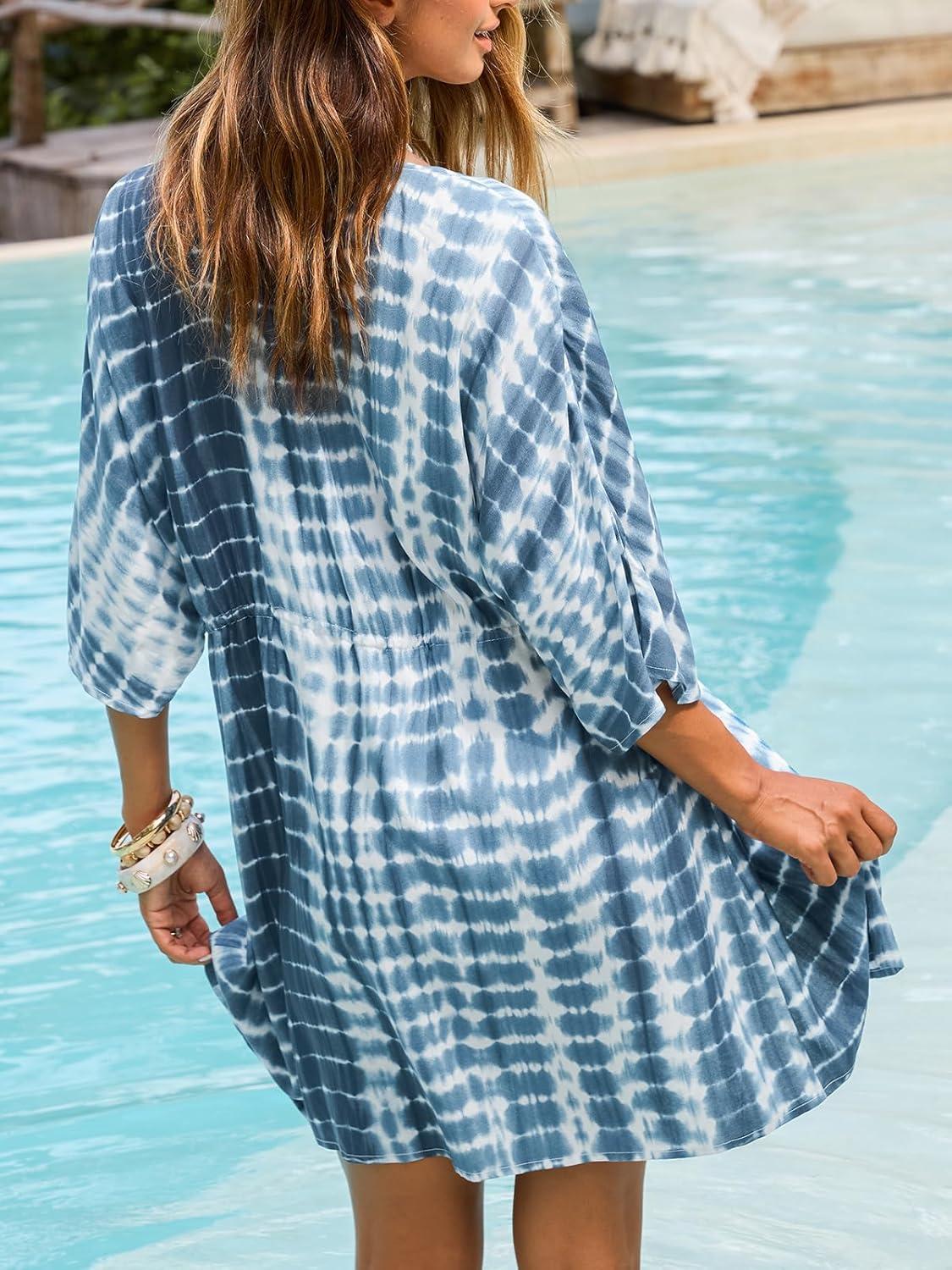 imageCUPSHE Women Kimono Bathing Suit Cover Up Tie Dye Open Front Casual Swimsuit Coverup Boho Mini Beach Cover UpsBlue Tie Dye