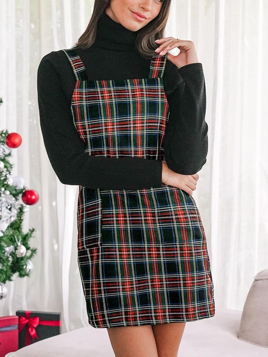 imageCUPSHE Women Plaid Fall Dresses Christmas Front Pocket Square Neck Wide Strap Button Back Overall Mini DressRed