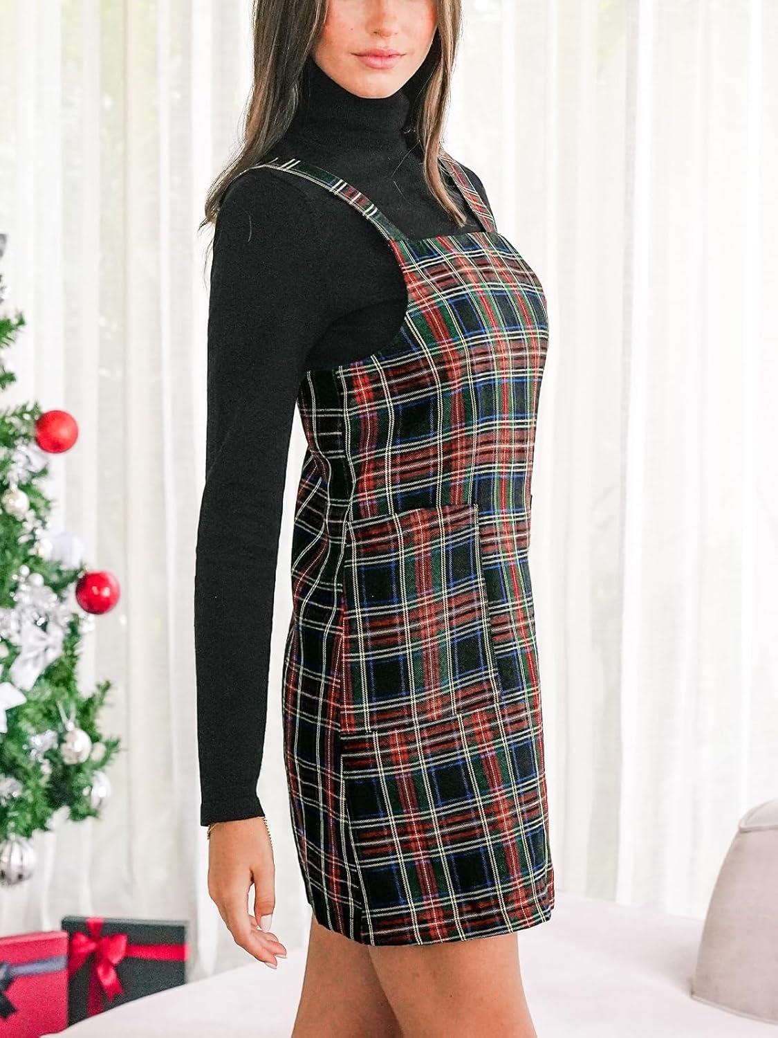 imageCUPSHE Women Plaid Fall Dresses Christmas Front Pocket Square Neck Wide Strap Button Back Overall Mini DressRed