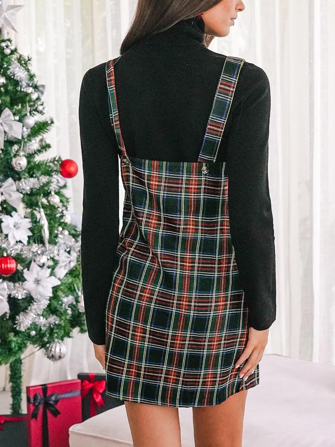 imageCUPSHE Women Plaid Fall Dresses Christmas Front Pocket Square Neck Wide Strap Button Back Overall Mini DressRed