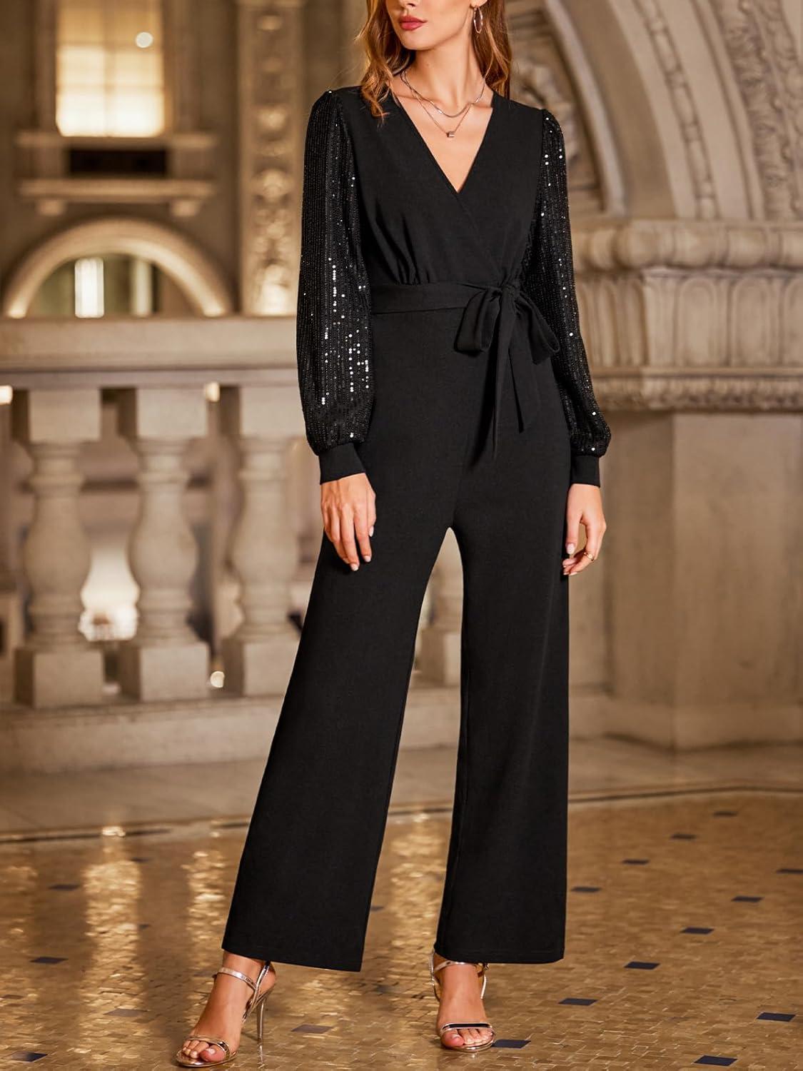 imageCUPSHE Womens Dressy Long Sleeve Sequin Jumpsuit Fall Night Club Sparkly Outfits V Neck Belted One Piece RomperBlack