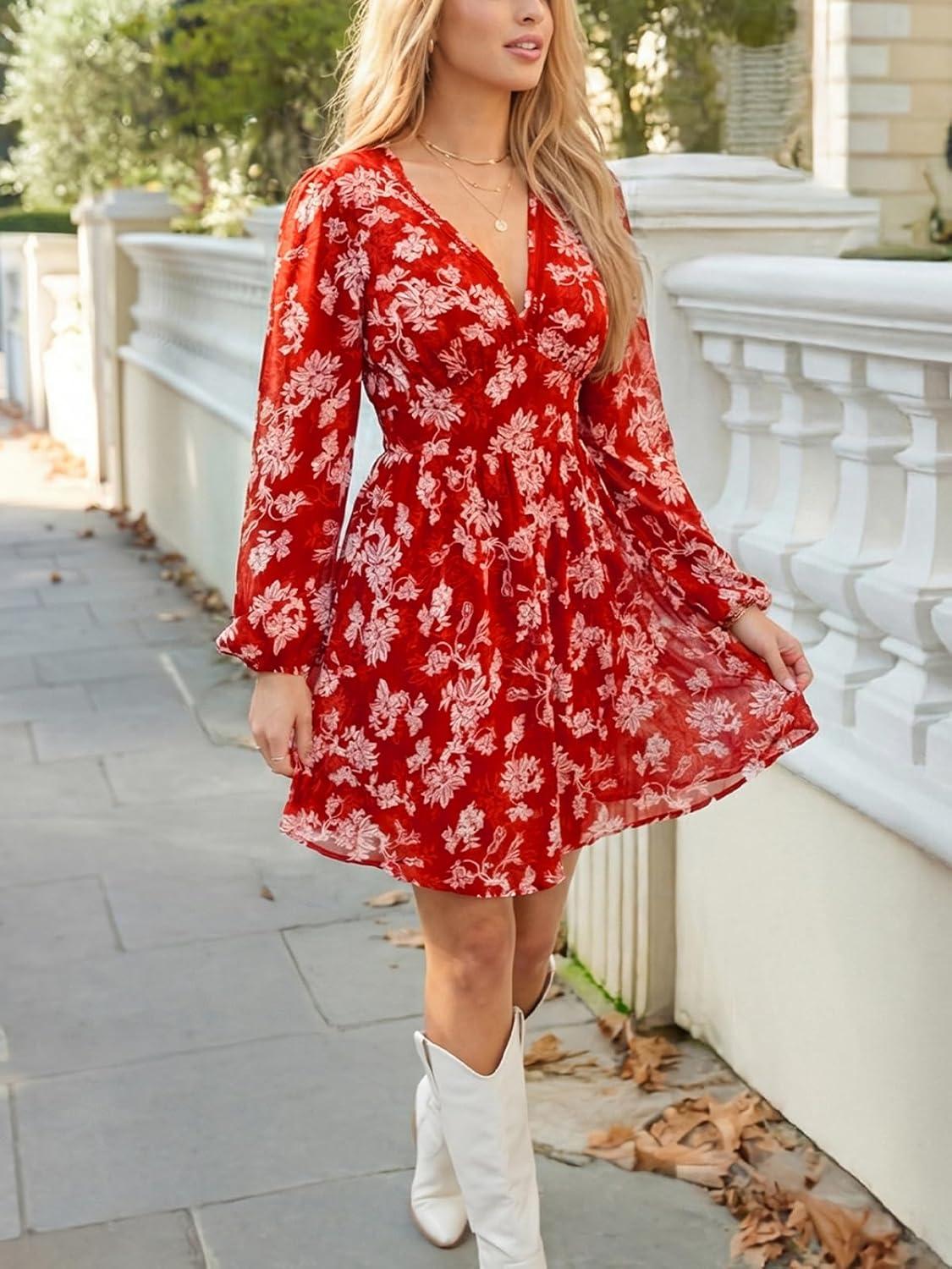 imageCUPSHE Womens Fall Boho Floral Mini Dresses Long Sleeve Wedding Guest Dress V Neck Flowy Smocked Lined Short DressRed