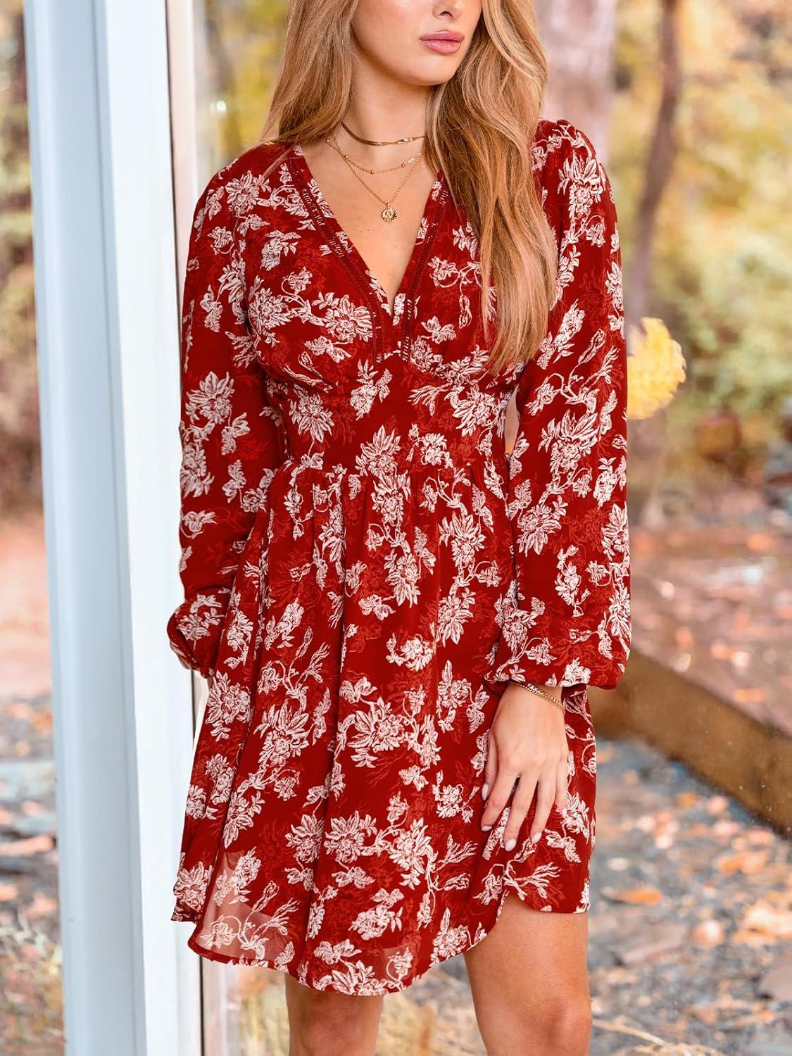 imageCUPSHE Womens Fall Boho Floral Mini Dresses Long Sleeve Wedding Guest Dress V Neck Flowy Smocked Lined Short DressRed