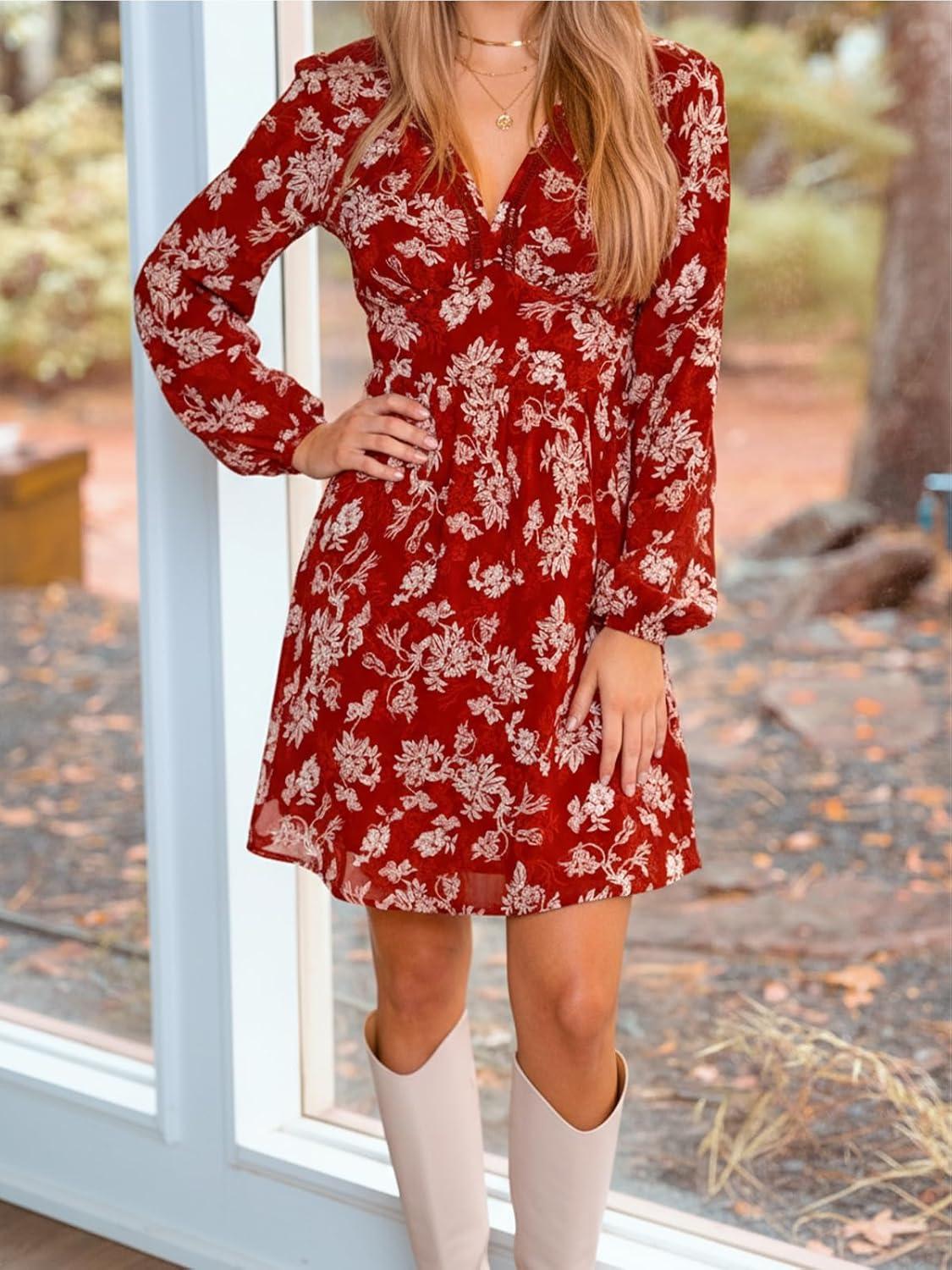 imageCUPSHE Womens Fall Boho Floral Mini Dresses Long Sleeve Wedding Guest Dress V Neck Flowy Smocked Lined Short DressRed
