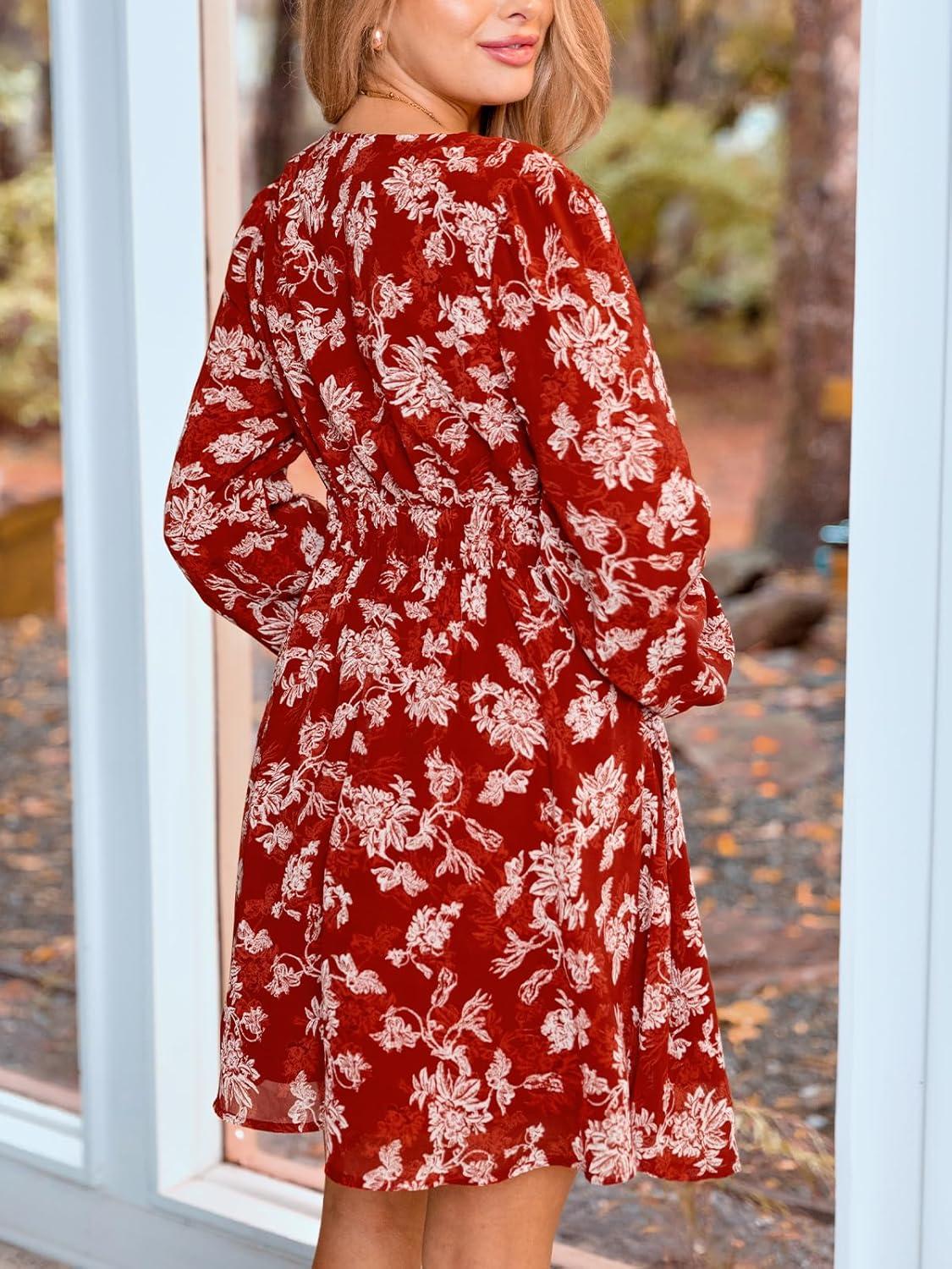 imageCUPSHE Womens Fall Boho Floral Mini Dresses Long Sleeve Wedding Guest Dress V Neck Flowy Smocked Lined Short DressRed