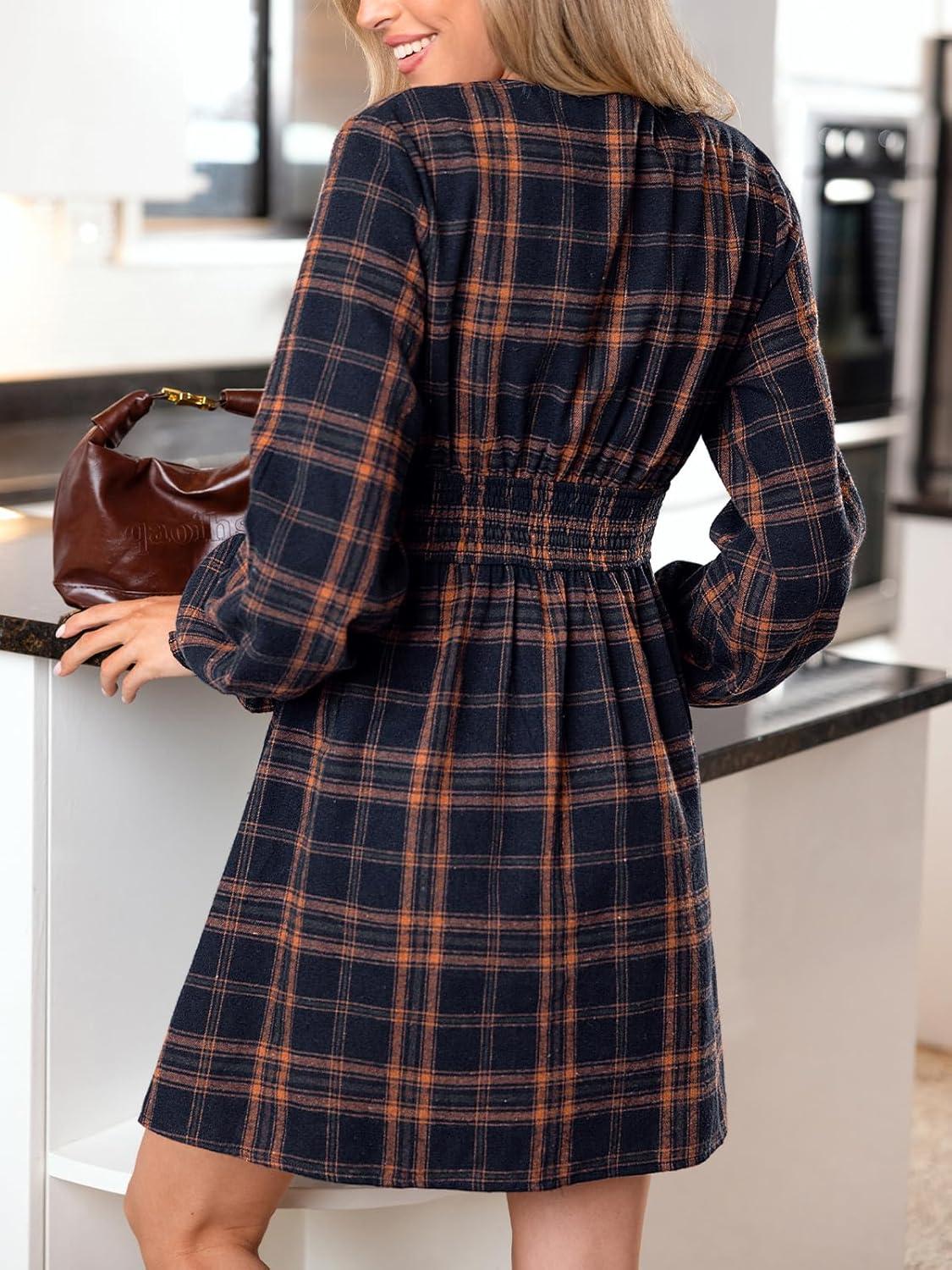 imageCUPSHE Womens Fall Casual Dress Long Sleeve V Neck A Line Button Mini DressesNavy Blue Plaid