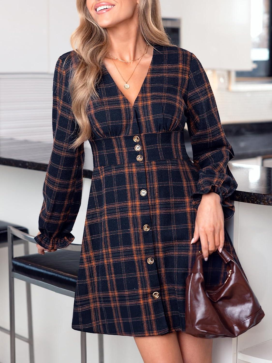 imageCUPSHE Womens Fall Casual Dress Long Sleeve V Neck A Line Button Mini DressesNavy Blue Plaid