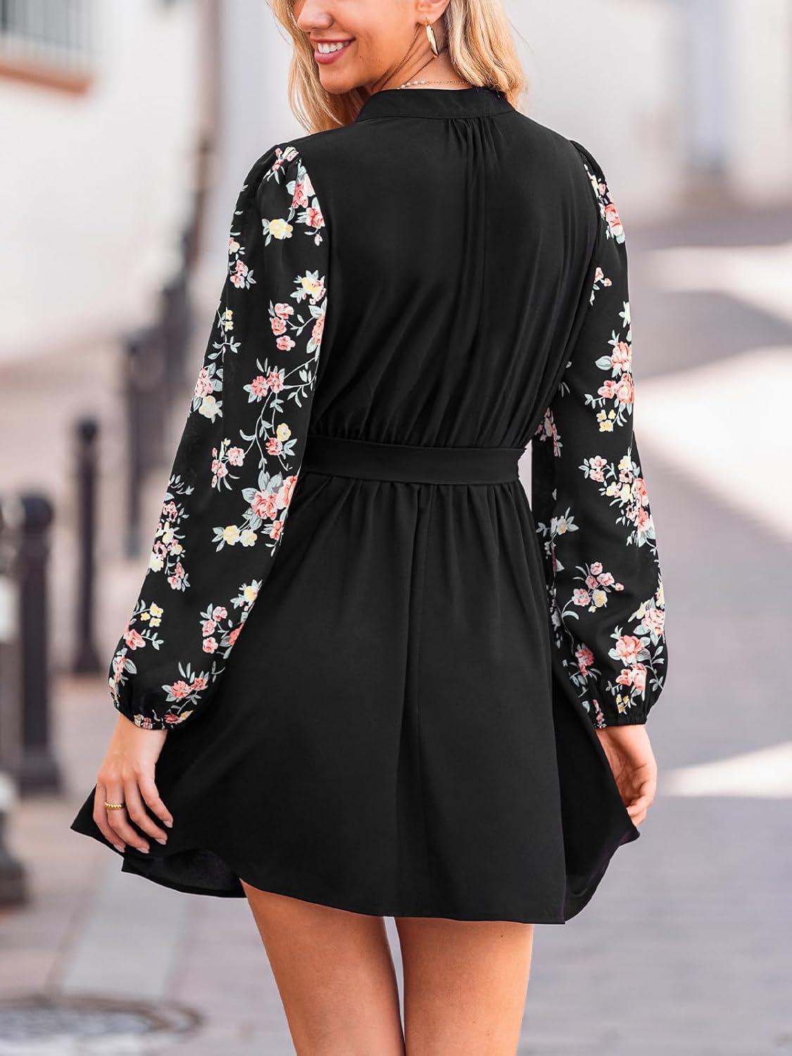 imageCUPSHE Womens Fall Dresses V Neck Floral Long Sleeve Button Belted Short Work Casual Outfit Flowy Mini DressBlack