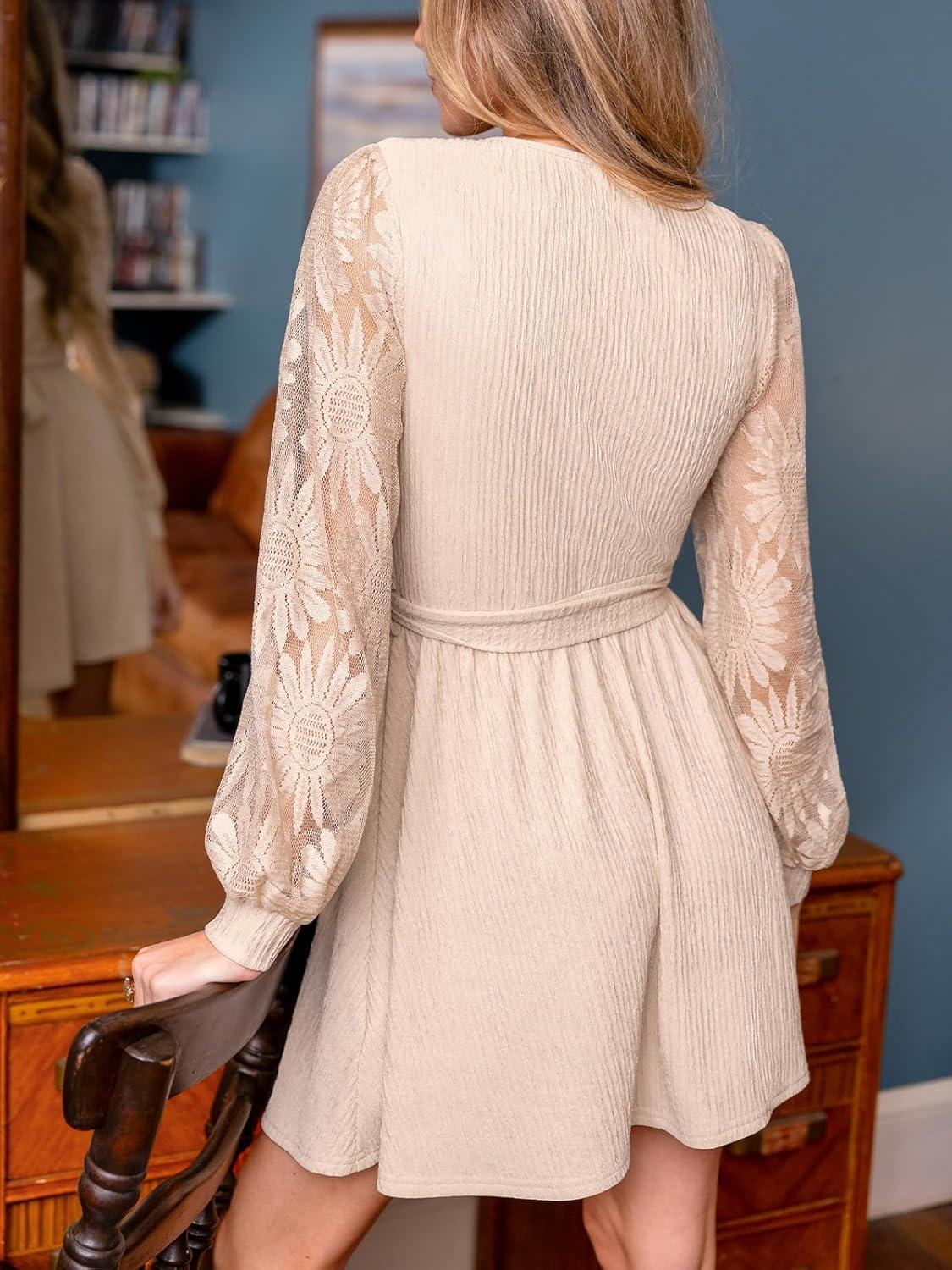 imageCUPSHE Womens Fall Flowy Mini Dress Long Sleeve Lace Short Dresses Square Neck Belted Sweater Knit DressBeige