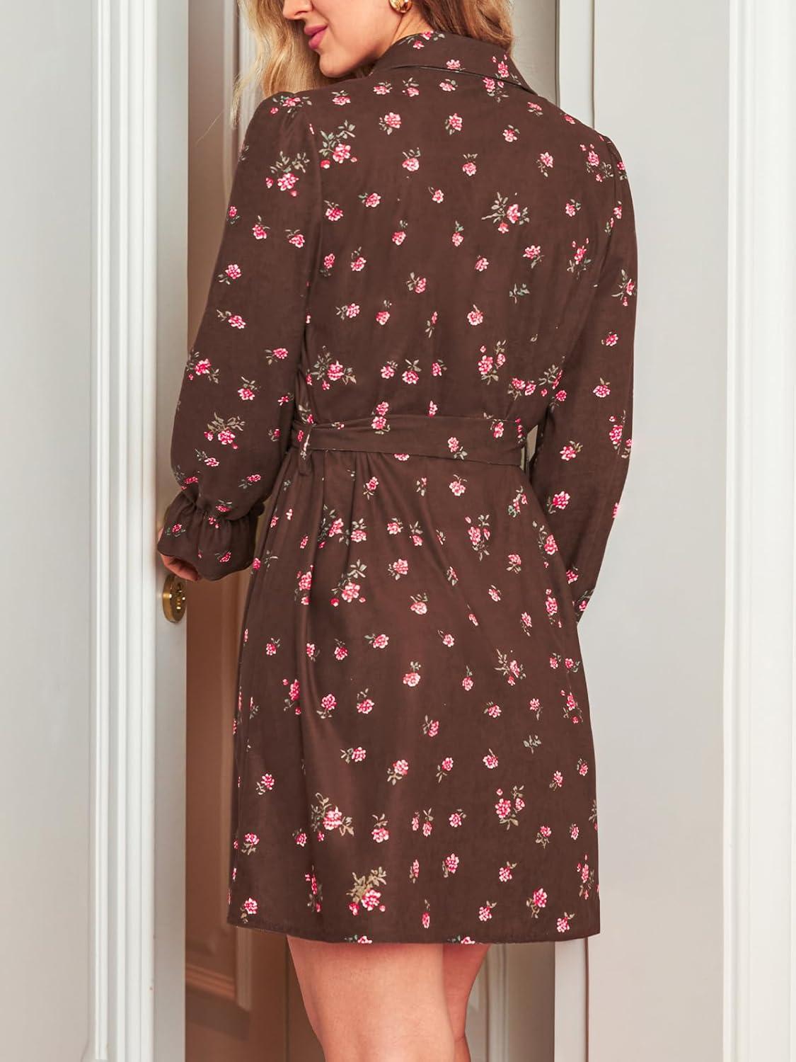 imageCUPSHE Womens Fall Winter Corduroy Dress Collar Button Down Shirt Dress Floral Long Sleeve Mini Belted DressesBrown