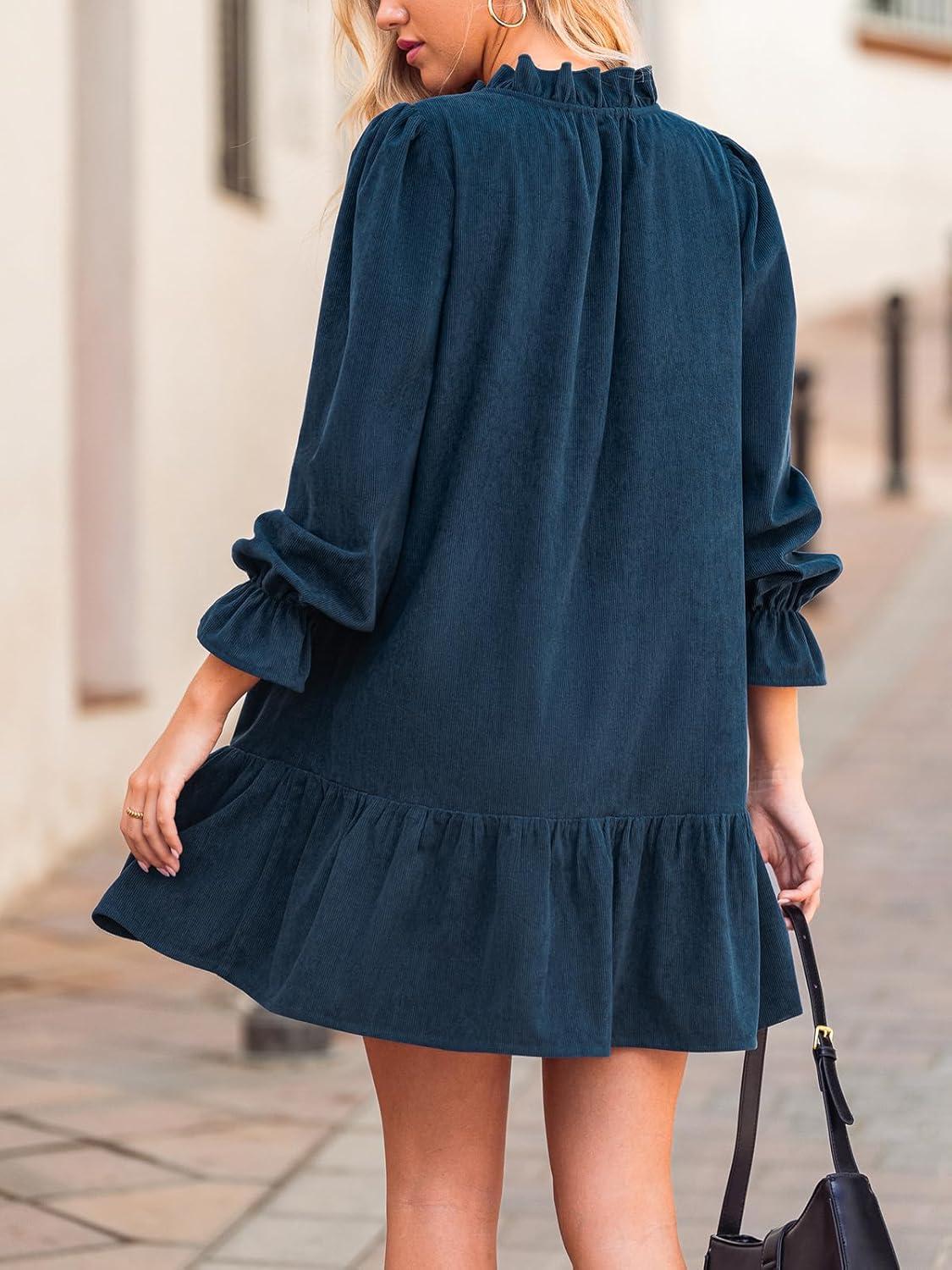 imageCUPSHE Womens Fall Winter Corduroy Dress Long Sleeve Babydoll Mini Dress Causal V Neck Button Down Tunic DressNavy Blue