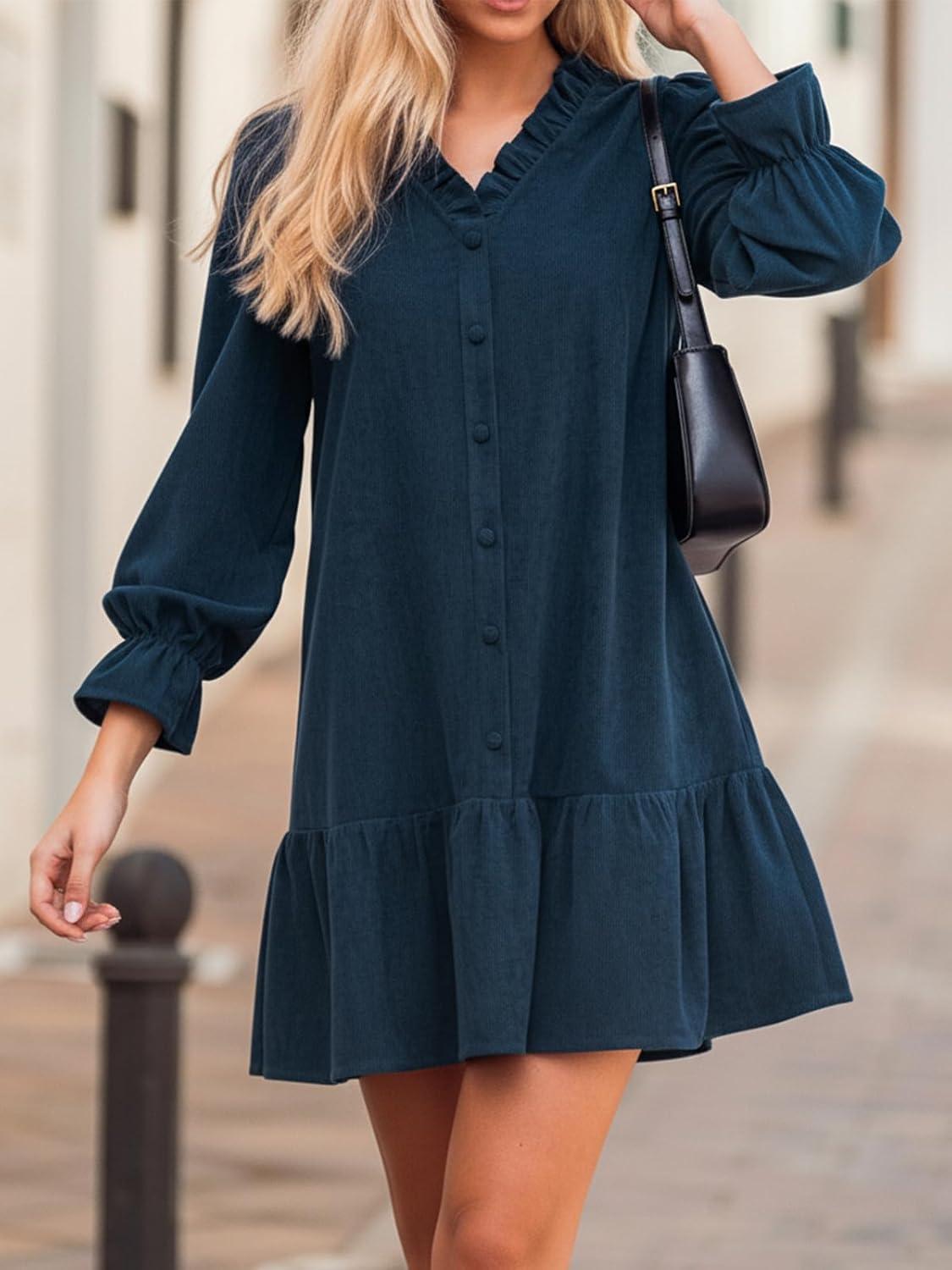 imageCUPSHE Womens Fall Winter Corduroy Dress Long Sleeve Babydoll Mini Dress Causal V Neck Button Down Tunic DressNavy Blue