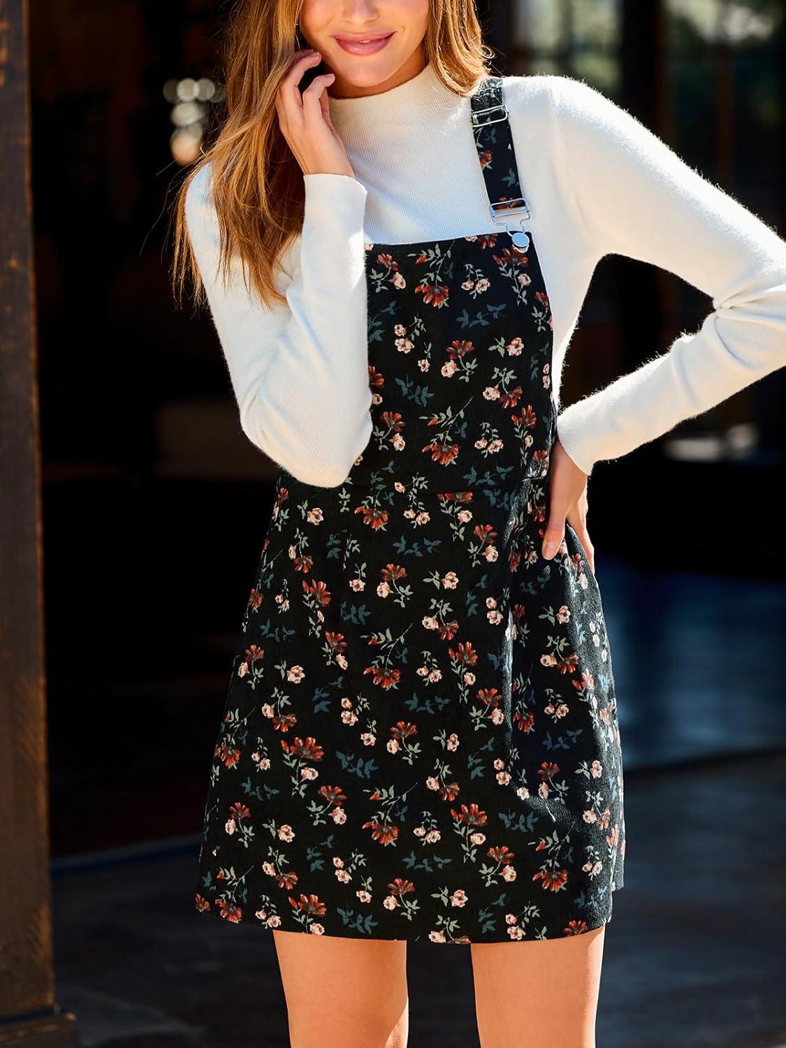 imageCUPSHE Womens Floral Overall Mini Dress Sleeveless Square Neck Fall Casual Panifore DressFloral Black