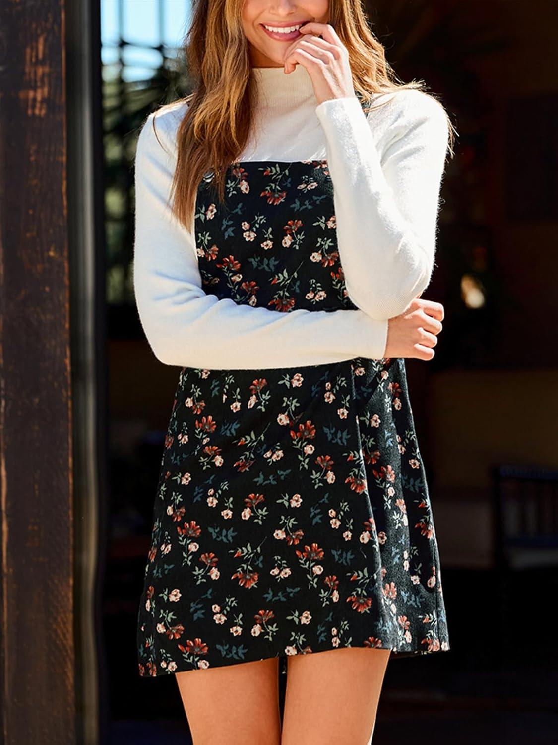 imageCUPSHE Womens Floral Overall Mini Dress Sleeveless Square Neck Fall Casual Panifore DressFloral Black