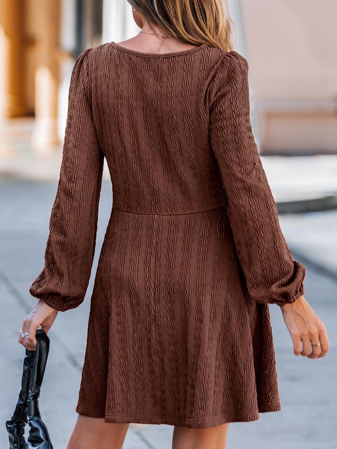 imageCUPSHE Womens Knit Fall Mini Dress Long Sleeves Square Neck Ruffle A Line DressesCoffee